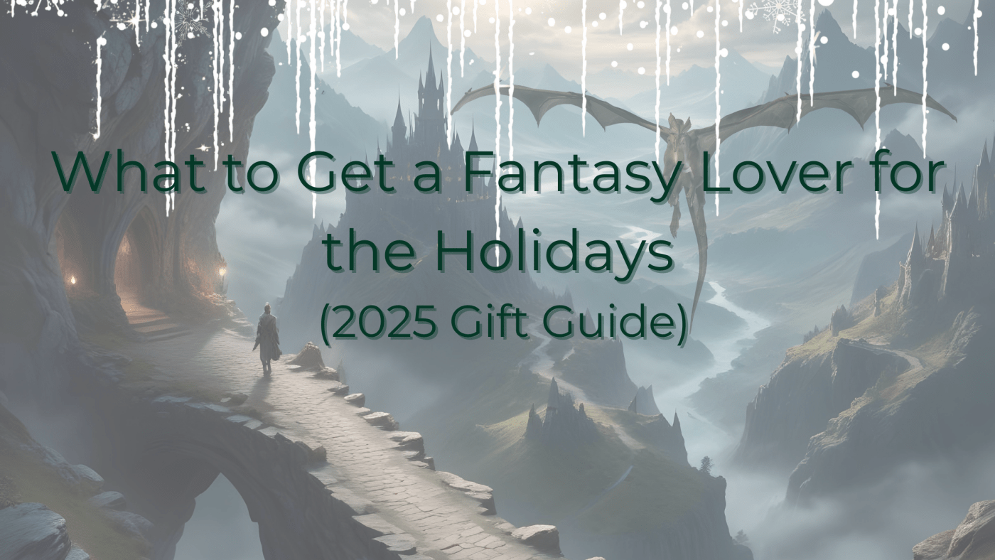 Fantasy landscape with mountains, a stone bridge, a castle, and a dragon flying overhead, decorated with winter icicles and snowflakes, with the title ‘What to Get a Fantasy Lover for the Holidays (2025 Gift Guide)